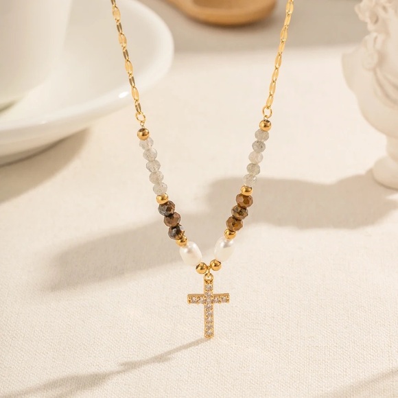 18k Gold Plated Gemstone Pearl Zirconia Cross Beaded Necklace - Picture 5 of 10